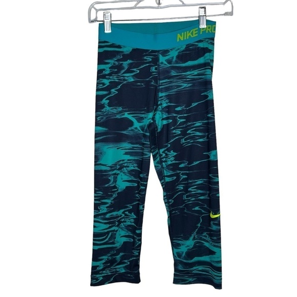 NIKE Pro Crop Leggings Dri Fit Marbled Oil Spill Print Blue Green Teal - Picture 1 of 7